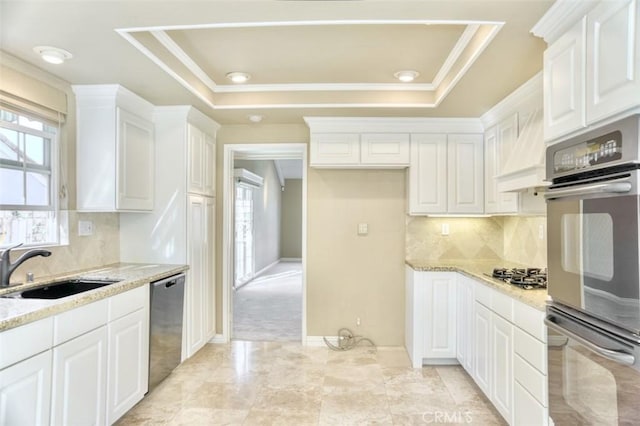 kitchen with sink, a tray ceiling, white cabinetry, light stone countertops, and stainless steel appliances