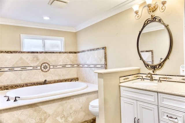 bathroom with a relaxing tiled tub, toilet, vanity, and crown molding