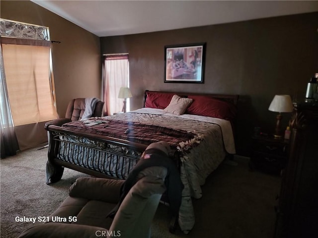 carpeted bedroom featuring lofted ceiling