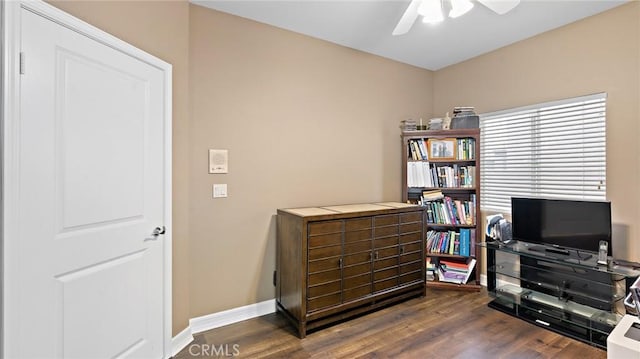 interior space featuring ceiling fan and dark hardwood / wood-style flooring