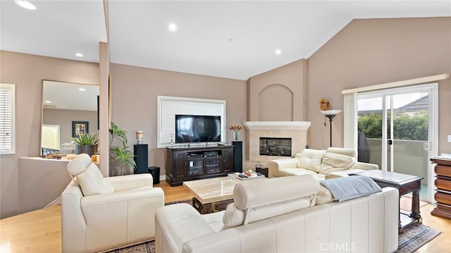 living room featuring light hardwood / wood-style floors and vaulted ceiling