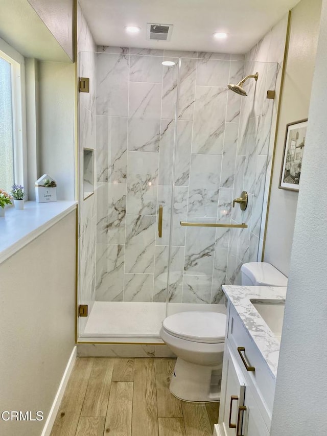 bathroom featuring toilet, vanity, and walk in shower