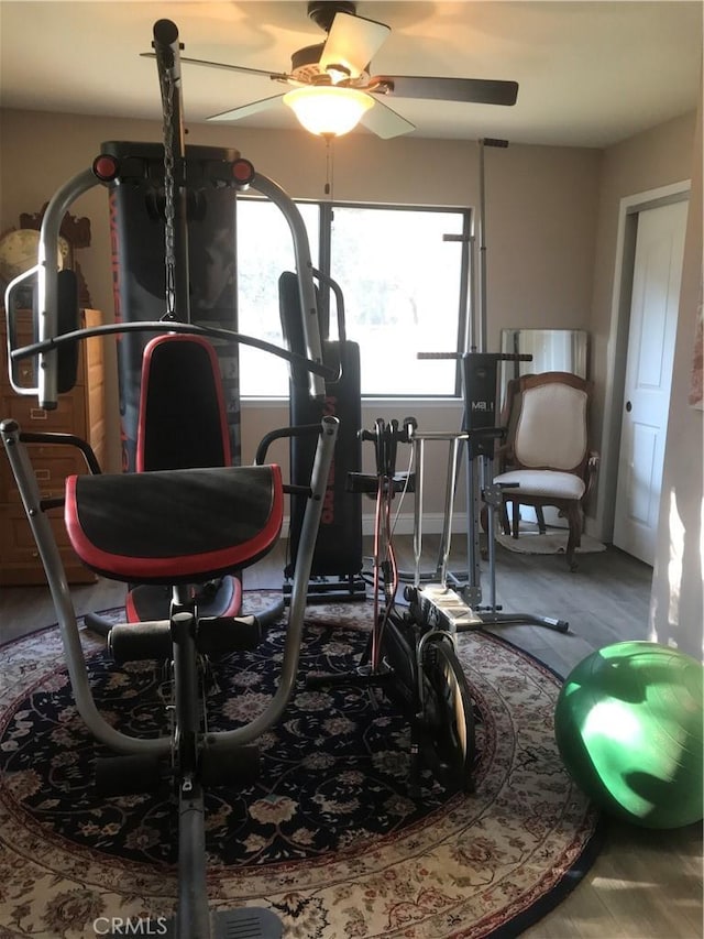 workout area with ceiling fan