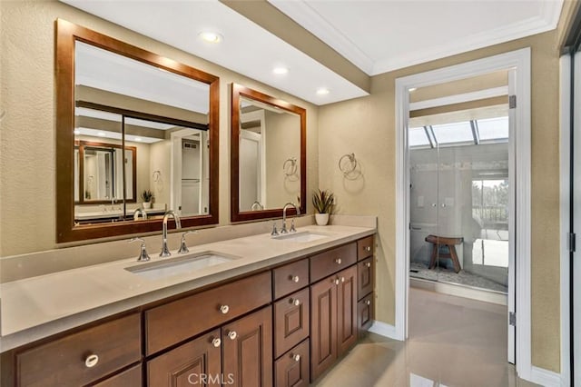 27704 Campanet Unit 31, Mission Viejo, CA 92692 - full bath with crown molding, double vanity, tile patterned flooring, a shower with shower door, and recessed lighting