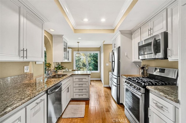 27704 Campanet Unit 31, Mission Viejo, CA 92692 - kitchen with stainless steel appliances, a sink, a raised ceiling, light wood-style floors, and a peninsula