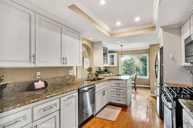 27704 Campanet Unit 31, Mission Viejo, CA 92692 - kitchen featuring stainless steel appliances, a tray ceiling, crown molding, light wood-type flooring, and a sink