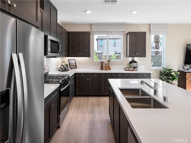 kitchen with appliances with stainless steel finishes, dark brown cabinets, light hardwood / wood-style flooring, and sink