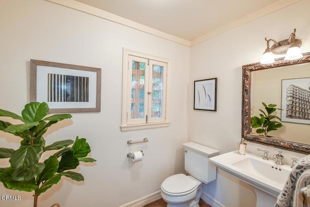 bathroom with sink, crown molding, and toilet