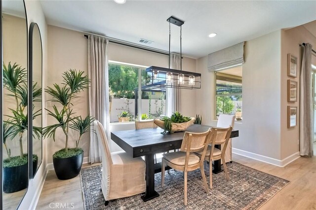 dining room featuring a healthy amount of sunlight, light hardwood / wood-style floors, and a notable chandelier