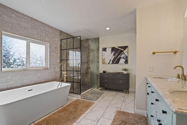 bathroom with vanity and plus walk in shower