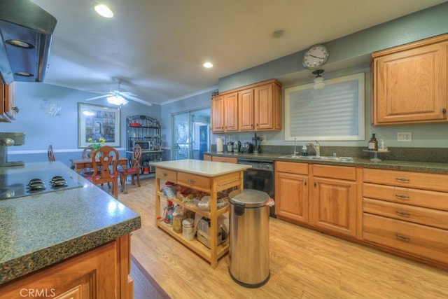 kitchen featuring cooktop, black dishwasher, sink, and light hardwood / wood-style flooring