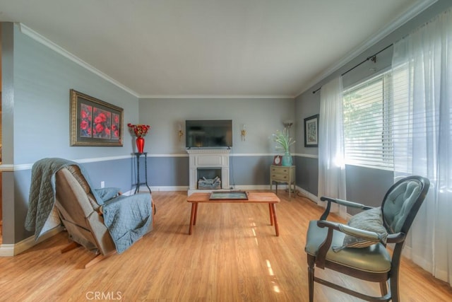 living room with crown molding and light wood-type flooring