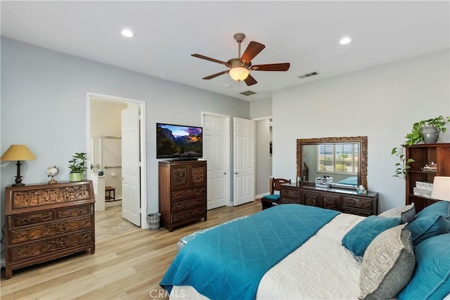 bedroom featuring ceiling fan and light wood-type flooring