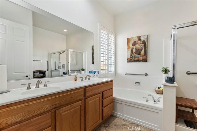 bathroom featuring vanity, tile patterned floors, and plus walk in shower