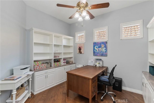 office space with dark wood-type flooring and ceiling fan