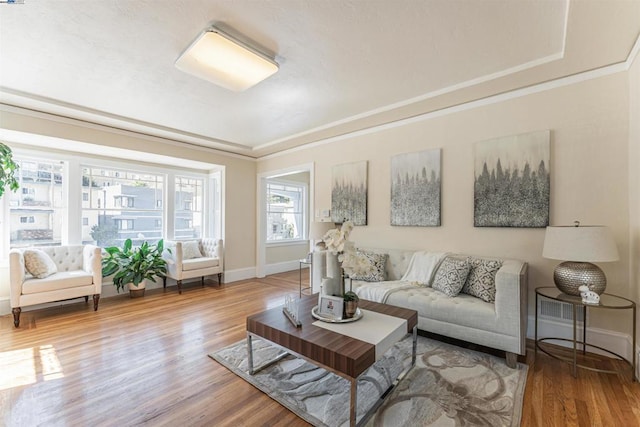 living room with ornamental molding and hardwood / wood-style floors