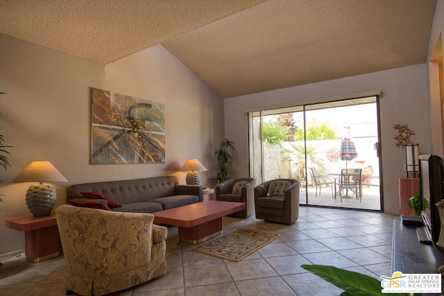 tiled living room with a textured ceiling and vaulted ceiling