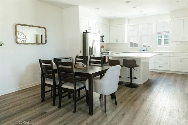 dining space featuring dark hardwood / wood-style floors and sink