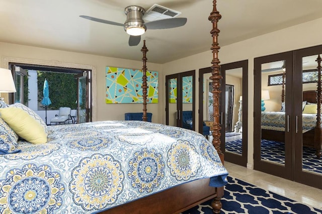 bedroom with ceiling fan, french doors, and light tile patterned flooring