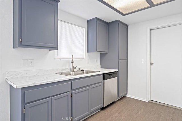 kitchen with stainless steel dishwasher, dark hardwood / wood-style floors, sink, and gray cabinets