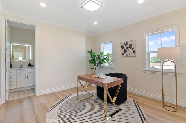 office area with sink, light hardwood / wood-style floors, and crown molding