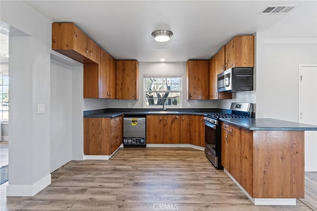 kitchen with appliances with stainless steel finishes, crown molding, light hardwood / wood-style flooring, and sink