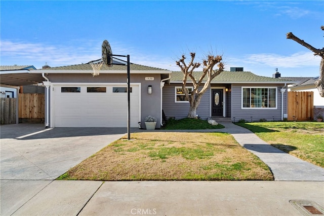 single story home with a front yard and a garage