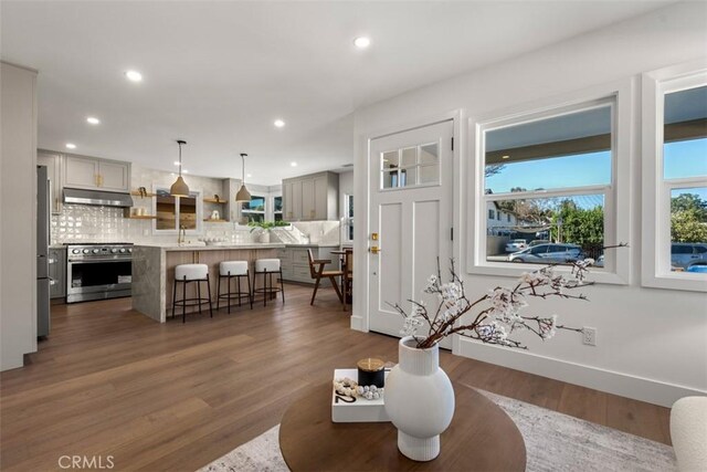 living room with dark hardwood / wood-style floors