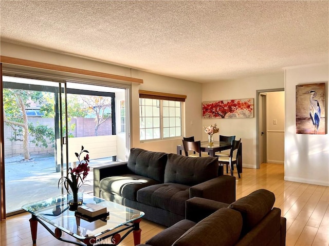 living room featuring light wood-type flooring and a textured ceiling