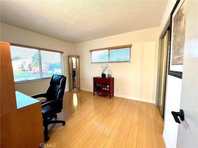 office featuring a textured ceiling and light hardwood / wood-style flooring