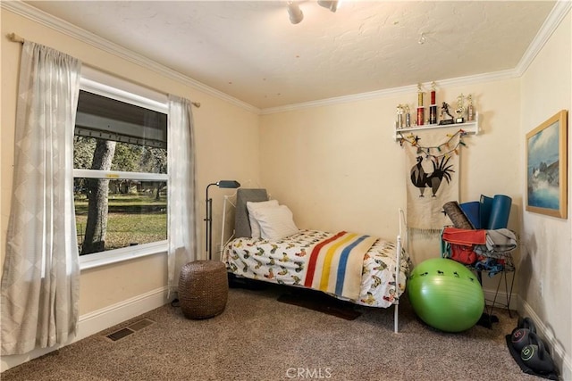 carpeted bedroom with crown molding