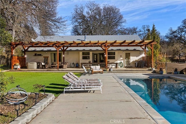 rear view of property with a patio area, an outdoor living space, a lawn, and a pergola