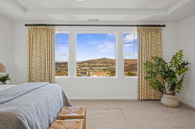 carpeted bedroom with a raised ceiling, multiple windows, and a mountain view