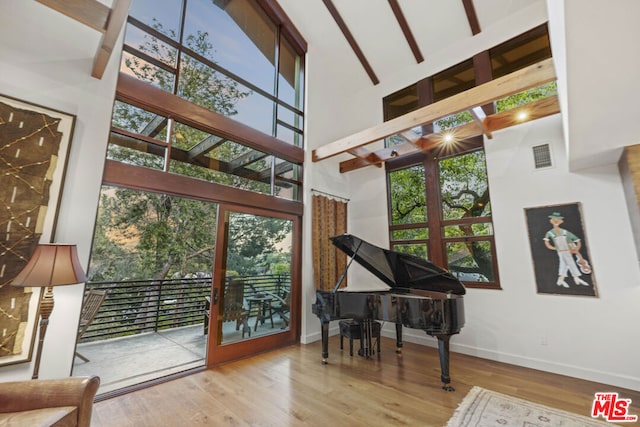 interior space featuring hardwood / wood-style floors and a towering ceiling