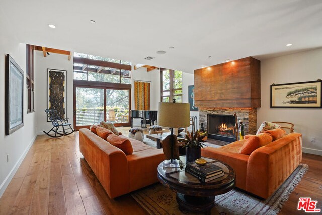 living room with a stone fireplace and wood-type flooring