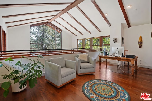 living room with wood-type flooring and vaulted ceiling with beams