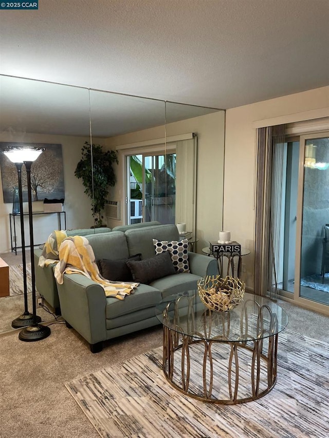 carpeted living room with a textured ceiling