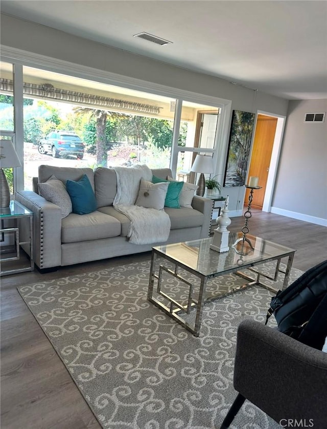 living room with dark hardwood / wood-style flooring