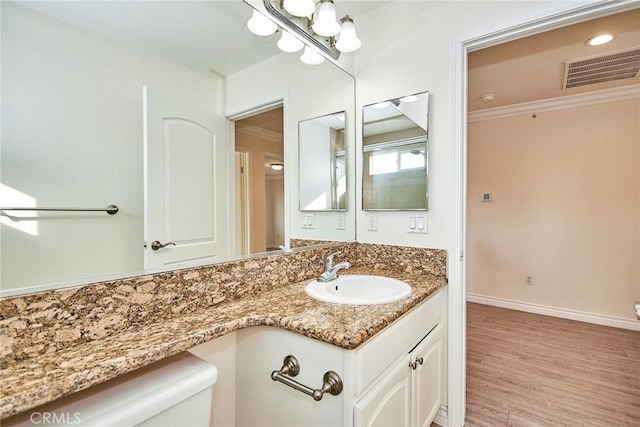 bathroom with hardwood / wood-style floors, vanity, and toilet