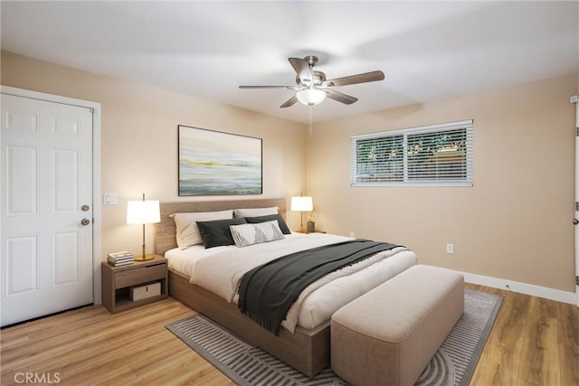 bedroom featuring ceiling fan and light wood-type flooring