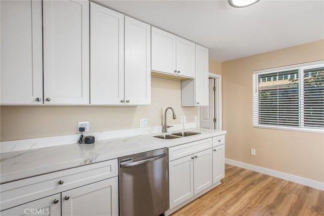 kitchen featuring stainless steel dishwasher, sink, light stone counters, and white cabinetry