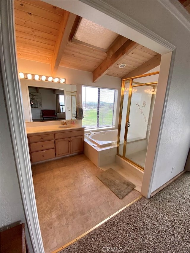 bathroom with wooden ceiling, vanity, beamed ceiling, and plus walk in shower