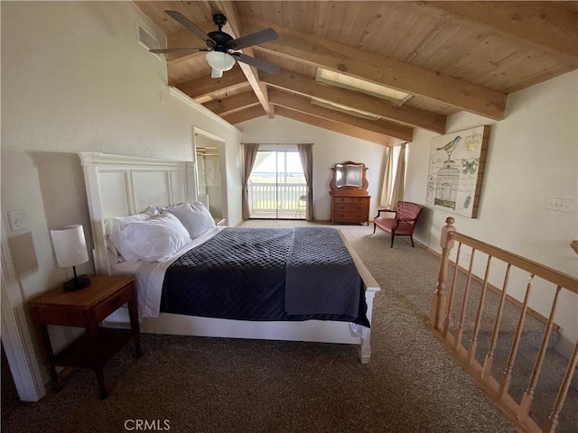 carpeted bedroom featuring ceiling fan, wood ceiling, and vaulted ceiling with beams