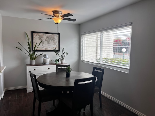 dining area featuring ceiling fan and dark wood-type flooring