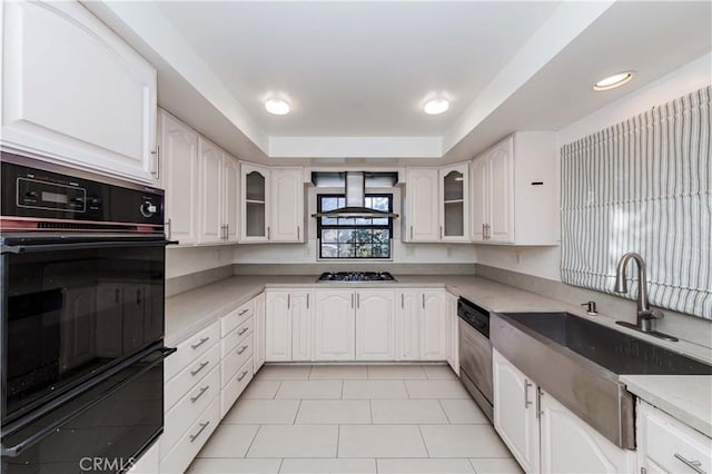 kitchen with white cabinetry, stainless steel appliances, and a raised ceiling