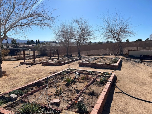 view of yard featuring fence and a garden