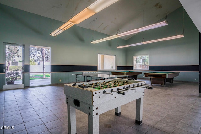 784 Seawind Way, Port Hueneme, CA 93041 - playroom with high vaulted ceiling, a wainscoted wall, tile patterned flooring, and pool table