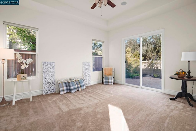 living area with ceiling fan, carpet, and a healthy amount of sunlight