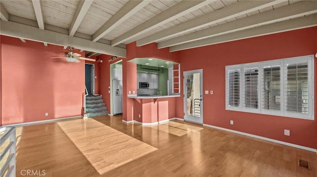 kitchen featuring ceiling fan, hardwood / wood-style floors, wooden ceiling, and beam ceiling