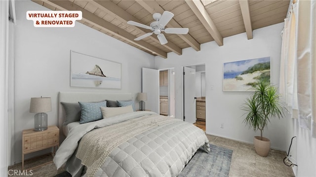 carpeted bedroom featuring ceiling fan, lofted ceiling with beams, and wooden ceiling